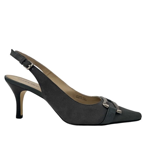 Ellen Tracy Gray Suede Leather Pointed Toe Pumps Stiletto Buckle Size 7.5 M - Picture 1 of 6